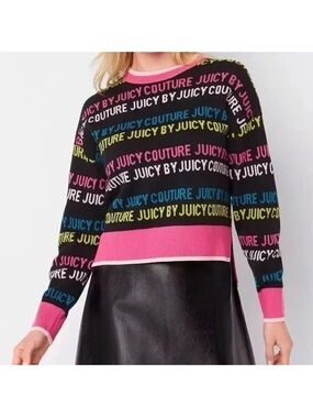 Juicy Couture Black Sweater with Pink, Blue & Yellow Logo Stripes
